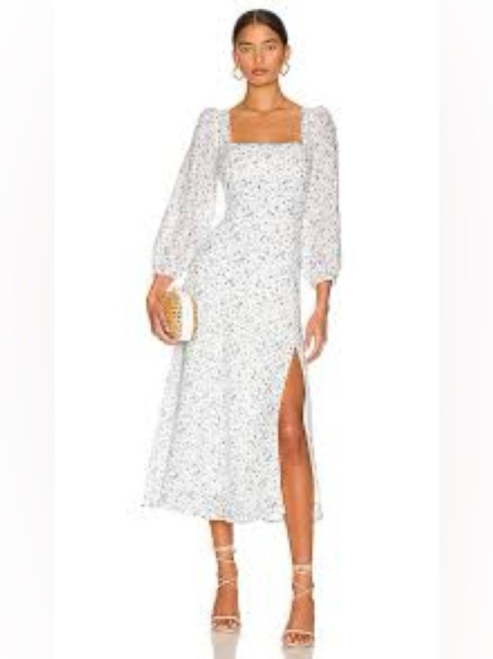 Astr the Lable Floral Square-Neck Backless Midi Dress w Puff Sleeves and Slit